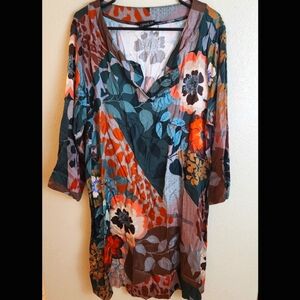 Ophilia 2X Mixed Media Boho Floral Festival Slinky Dress Tunic Swimsuit Cover up